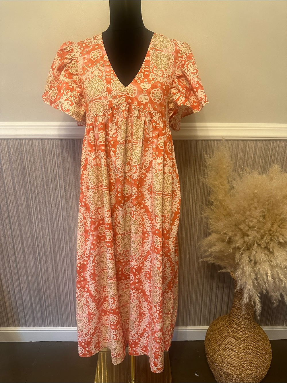 Anthropologie Maeve Coral Floral Midi Dress Small 100% Cotton Puff Sleeve Pocket